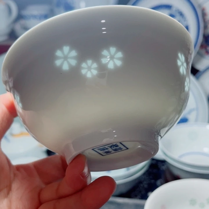 青花玲珑5寸饭碗三星花素玲珑