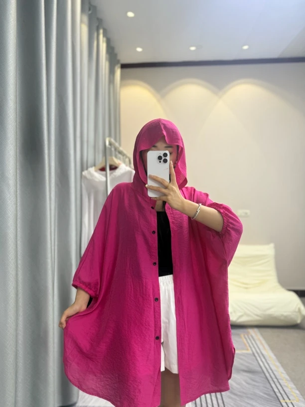 夏季连帽纯色大码中长款休闲时尚百搭宽松轻薄防晒衫230斤可穿