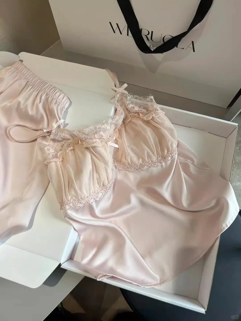 【DMXJ大梦想家】法式纯欲冰丝睡衣女2025夏季新款家居服蕾丝边套装