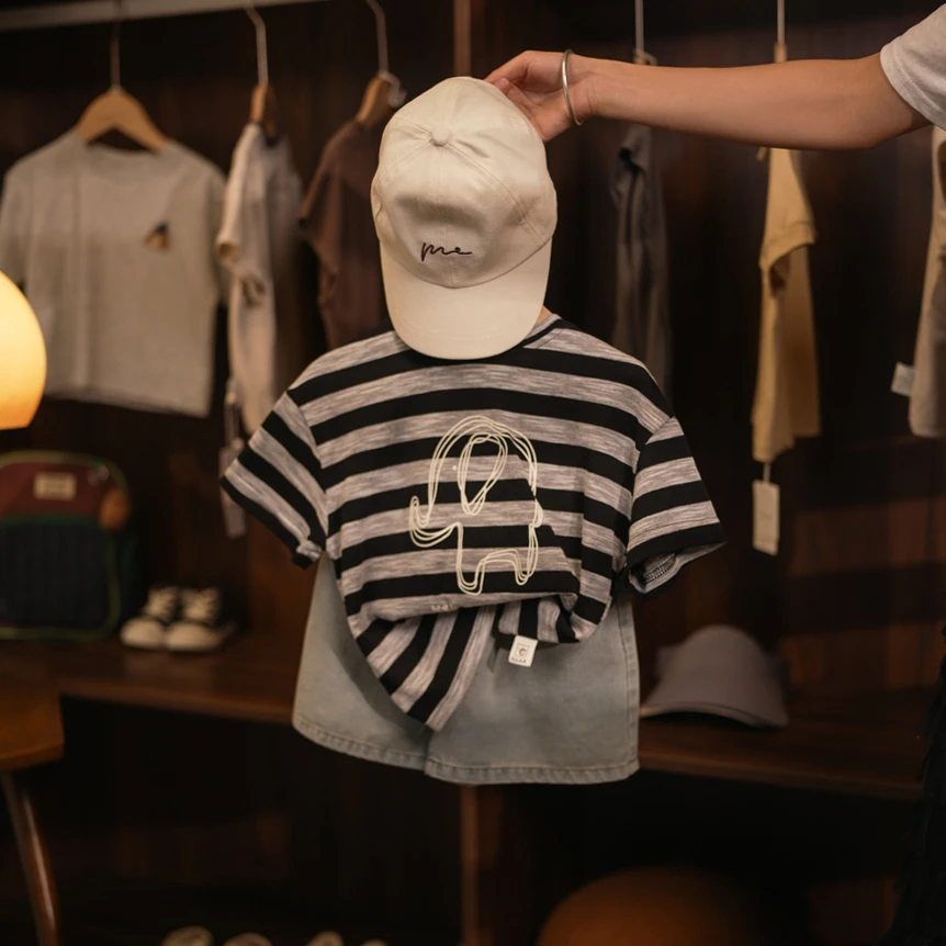 大象印花韩系儿童短袖宽松休闲百搭圆领条纹T恤夏季时尚