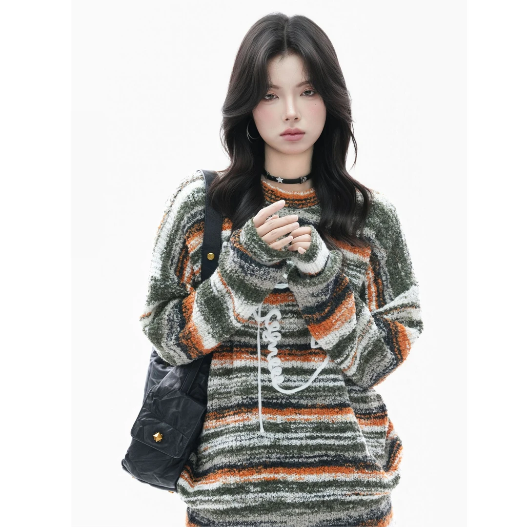 【Mu&Mu】美式复古撞色毛衣女秋季慵懒风宽松中性风针织衫潮牌