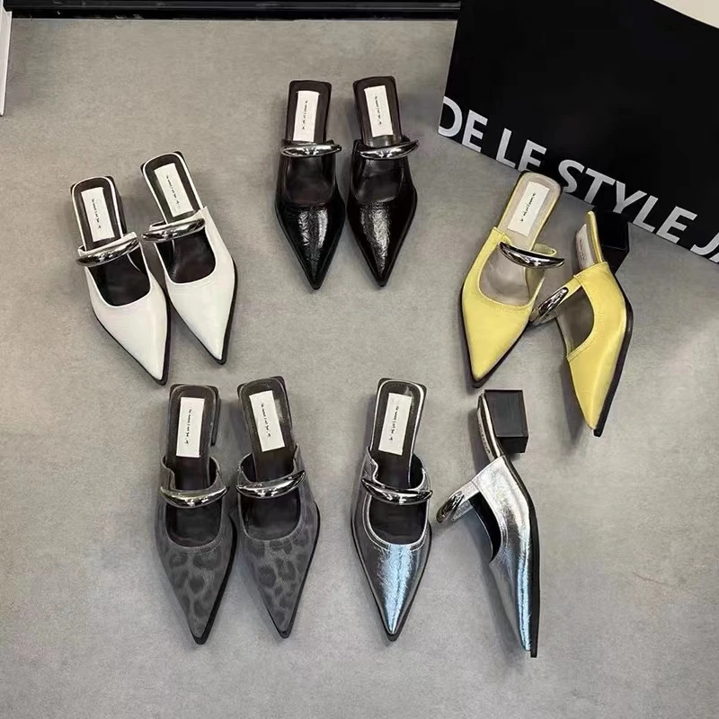 新款轻奢女式高跟凉拖中跟半拖鞋穆勒鞋2025爆款女式尖头半拖鞋