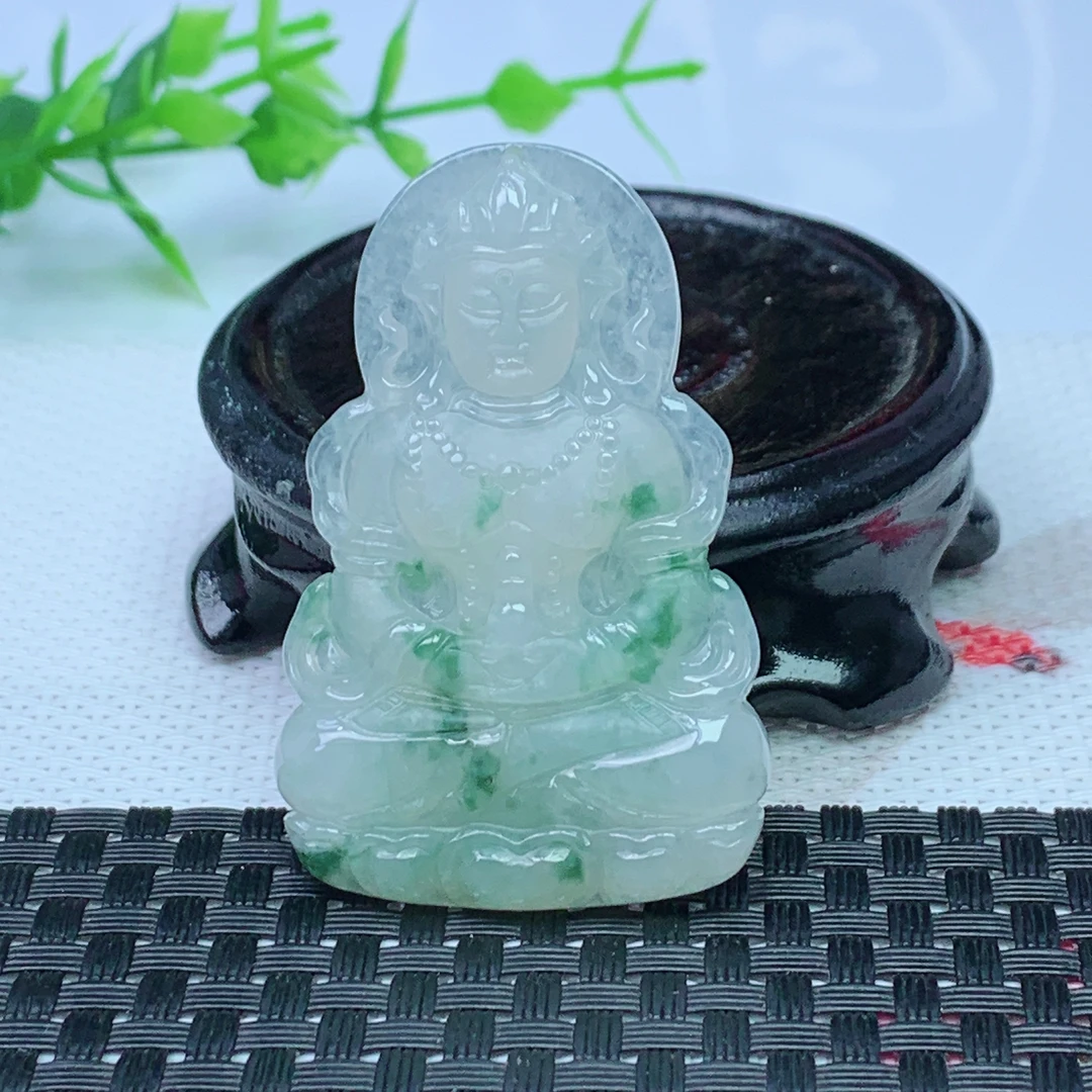 缅甸天然A货翡翠 飘花渡母吊坠 尺寸；52.2*33.9*5.6mm
