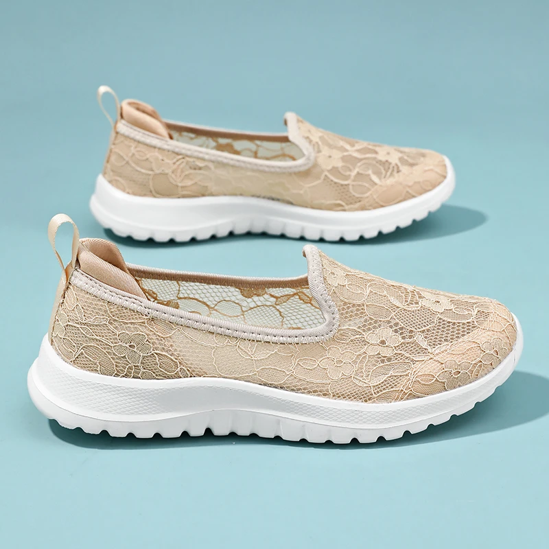 张凯丽运动鞋老人女鞋官方旗舰一脚蹬凉鞋防滑透气蕾丝鞋女网面鞋