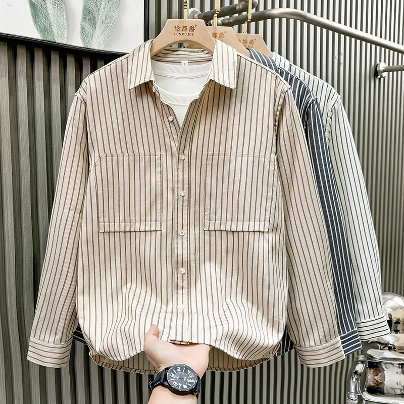 时尚条纹男装轻奢衬衫春秋季长袖韩版宽松百搭设计感多口袋衬衣男