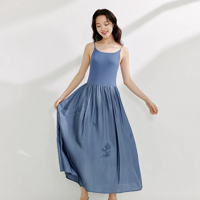 【梦诗专属】茵曼重工绣花裙摆拼接吊带裙夏季女单穿内搭显瘦连衣裙