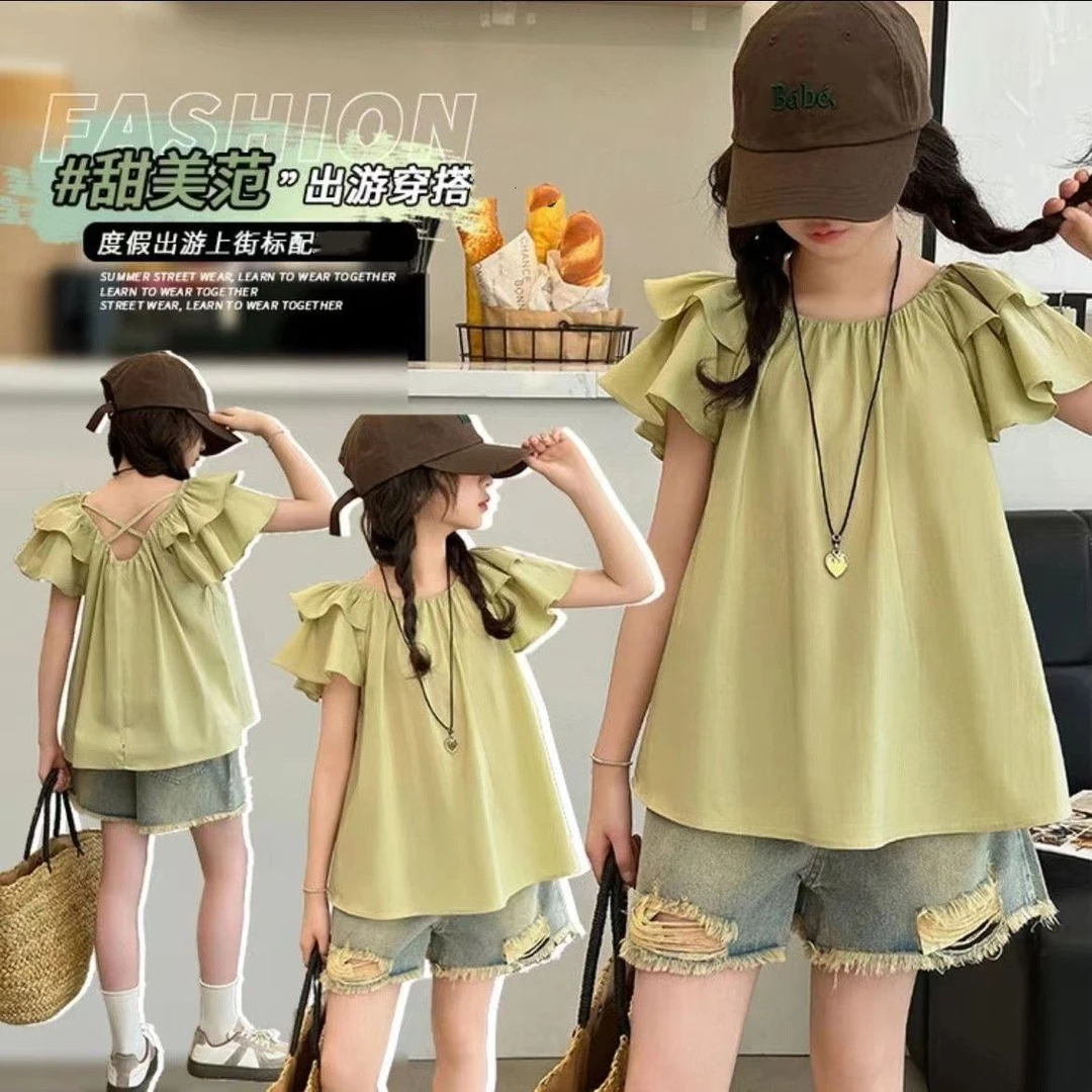 女童夏装2025夏季新款度假风时尚上衣中大童女孩百搭飞飞袖娃娃衫