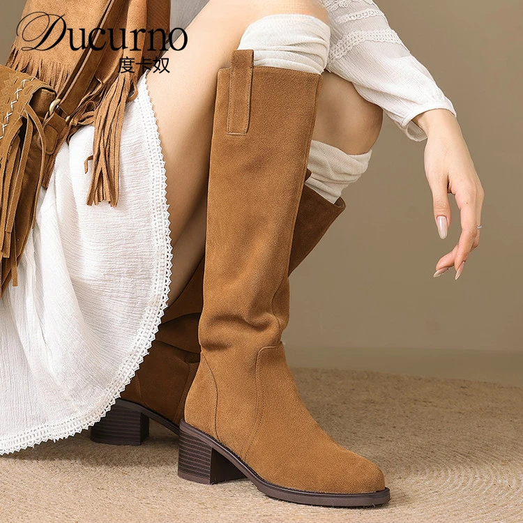 DUCURNO5.5cm高跟复古圆头西部靴女粗跟高筒靴套筒显瘦真皮骑士靴