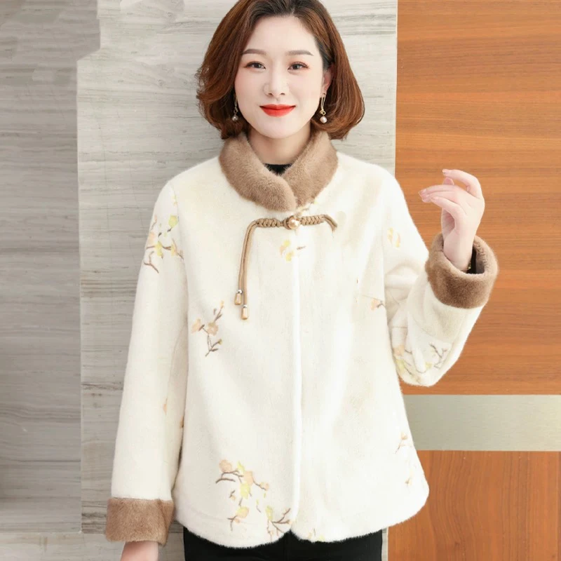 妈妈冬装毛毛外套中年洋气奶奶国风毛呢上衣中老年女士衣服