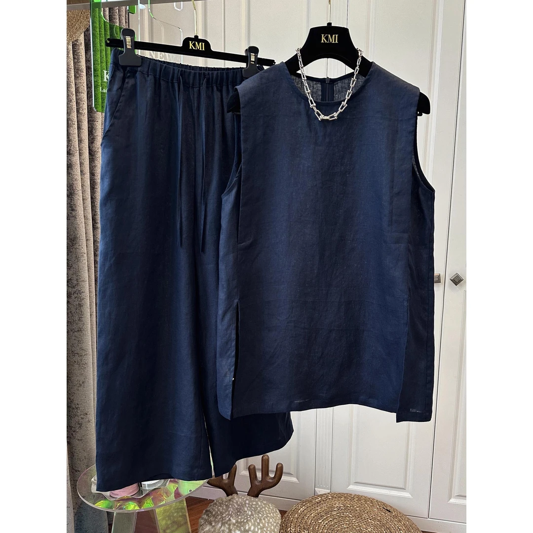 大码300斤胖MM藏青色麻料无袖背心阔腿裤时尚套装夏季两件套宽松2