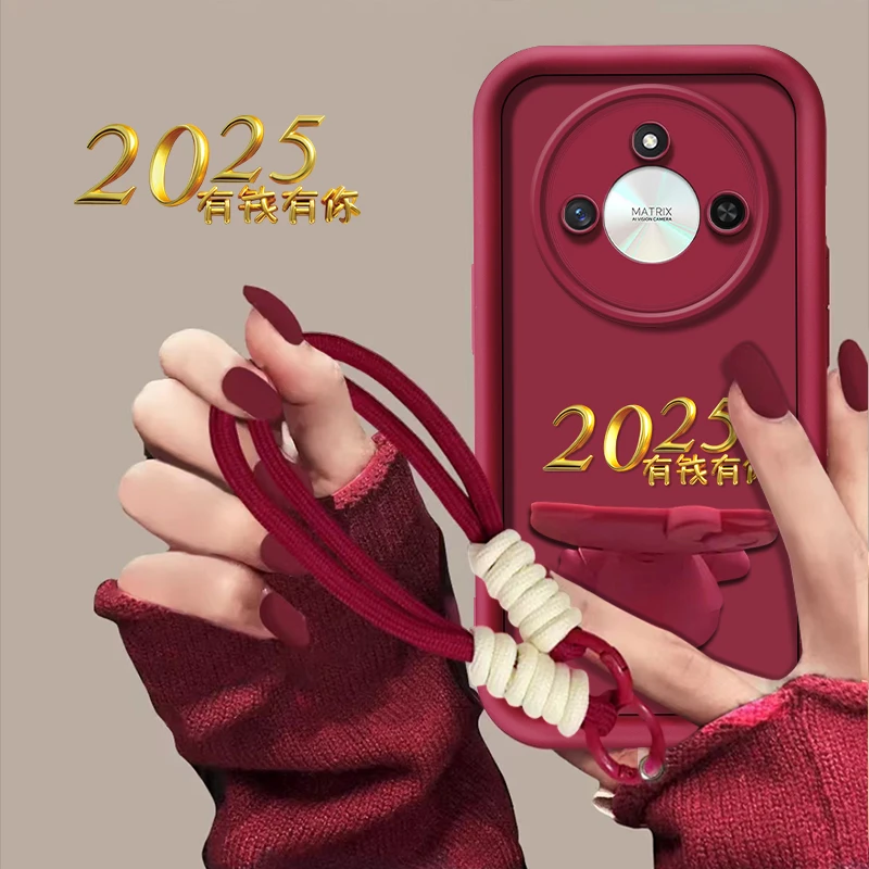 适用【荣耀x60】2025有钱有你新年猫咪支架手机壳创意网红防摔女款