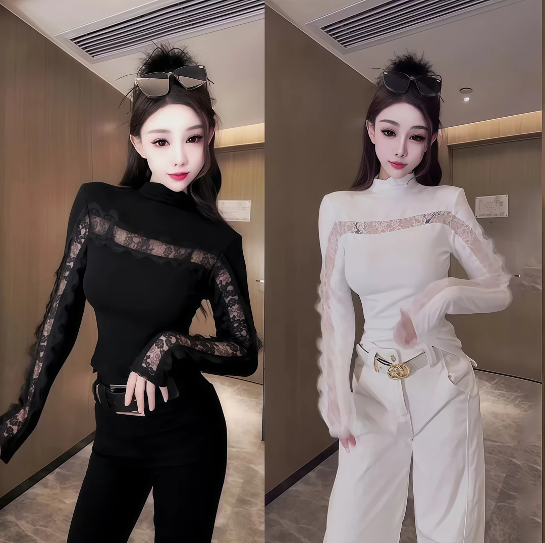 2025欧洲站冬季高领t恤显瘦上衣女装性感洋气镂空时尚设计打底衫