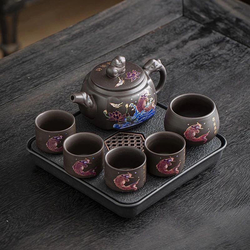 ZH3841-莲花变色紫砂四方壶+紫砂龙蛋杯+紫砂直筒杯*4+密胺茶盘