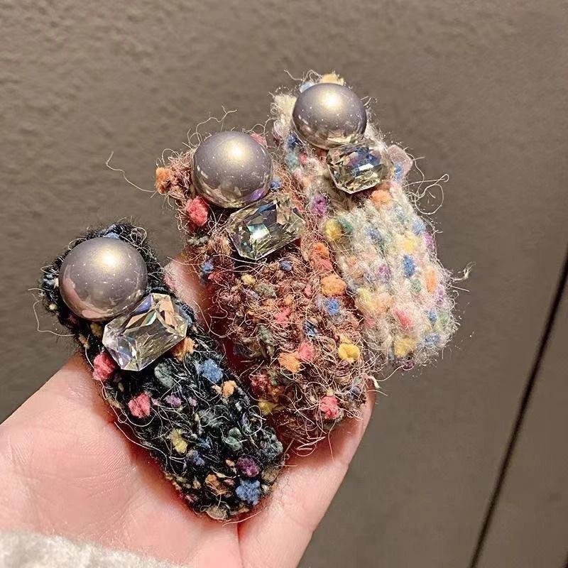 少女风彩色毛线bb夹灰色珍珠水晶刘海夹碎发夹侧边夹毛线发夹