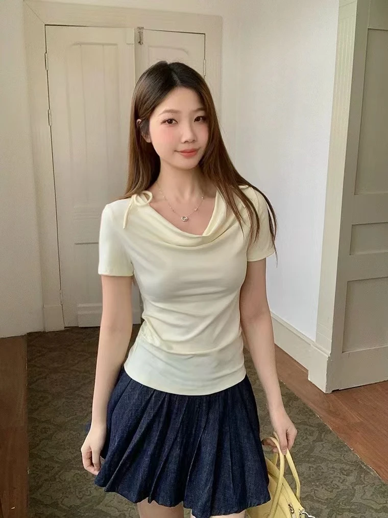 通勤短袖甜辣T恤时尚短款百搭显瘦纯色