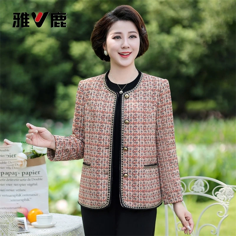 V/雅鹿中老年大码妈妈春秋春夏短款薄款洋气格子外套C5009