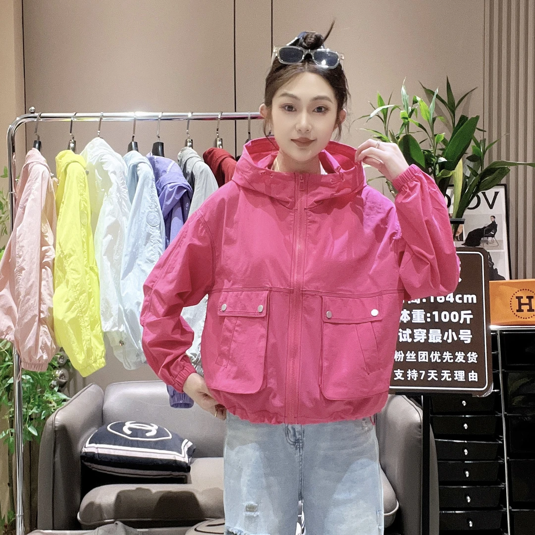 防晒夏季超薄弹力明线无里衬包边连帽风女短外套上衣韩版风衣241