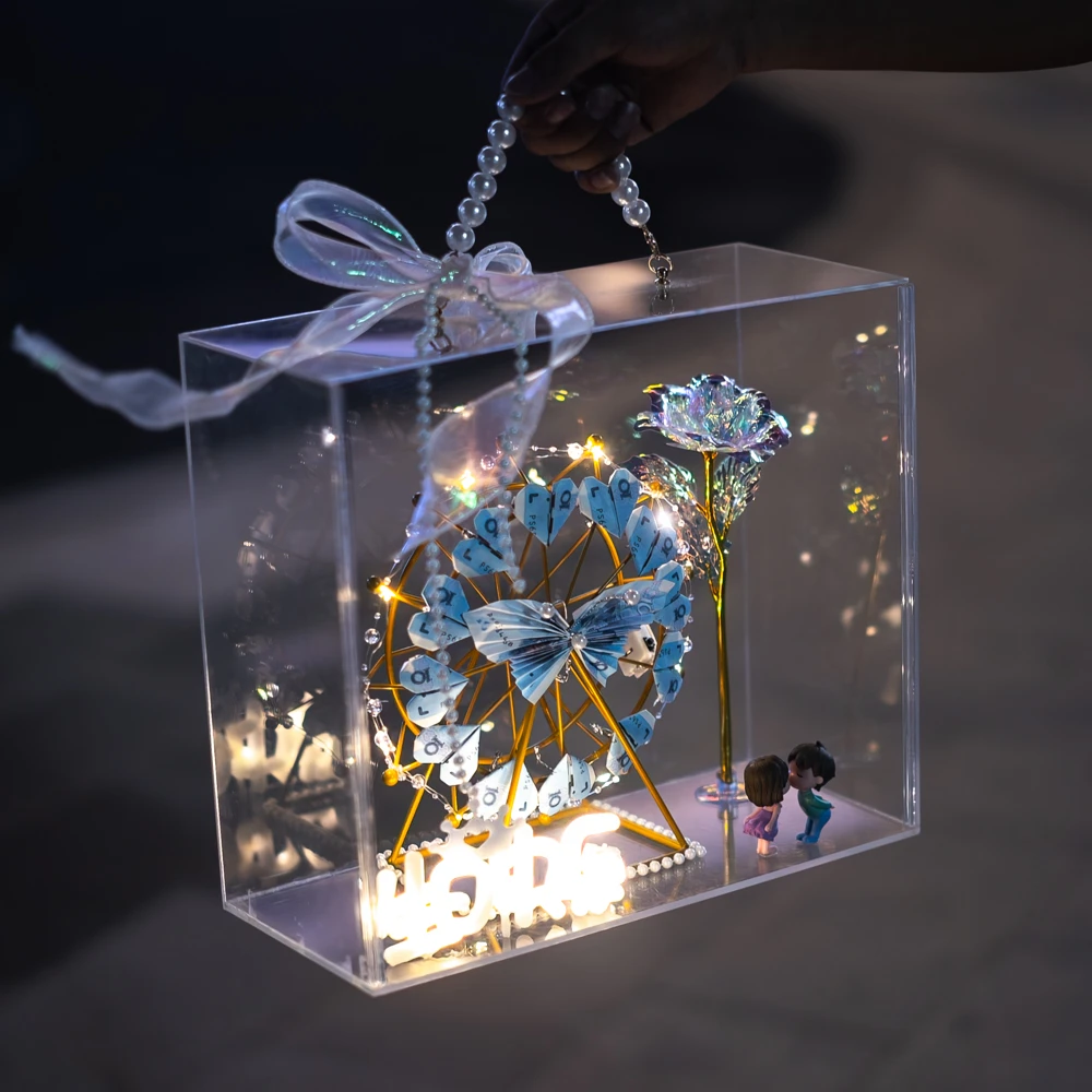 透明亚克力礼盒摩天轮有钱花旋转风车亚克力手提盒送女友送闺蜜