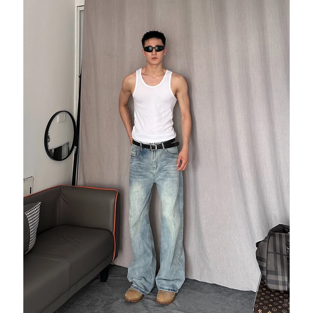 cleanfit蓝色牛仔裤男款夏薄款水洗微喇裤子美式高级感显瘦直筒裤