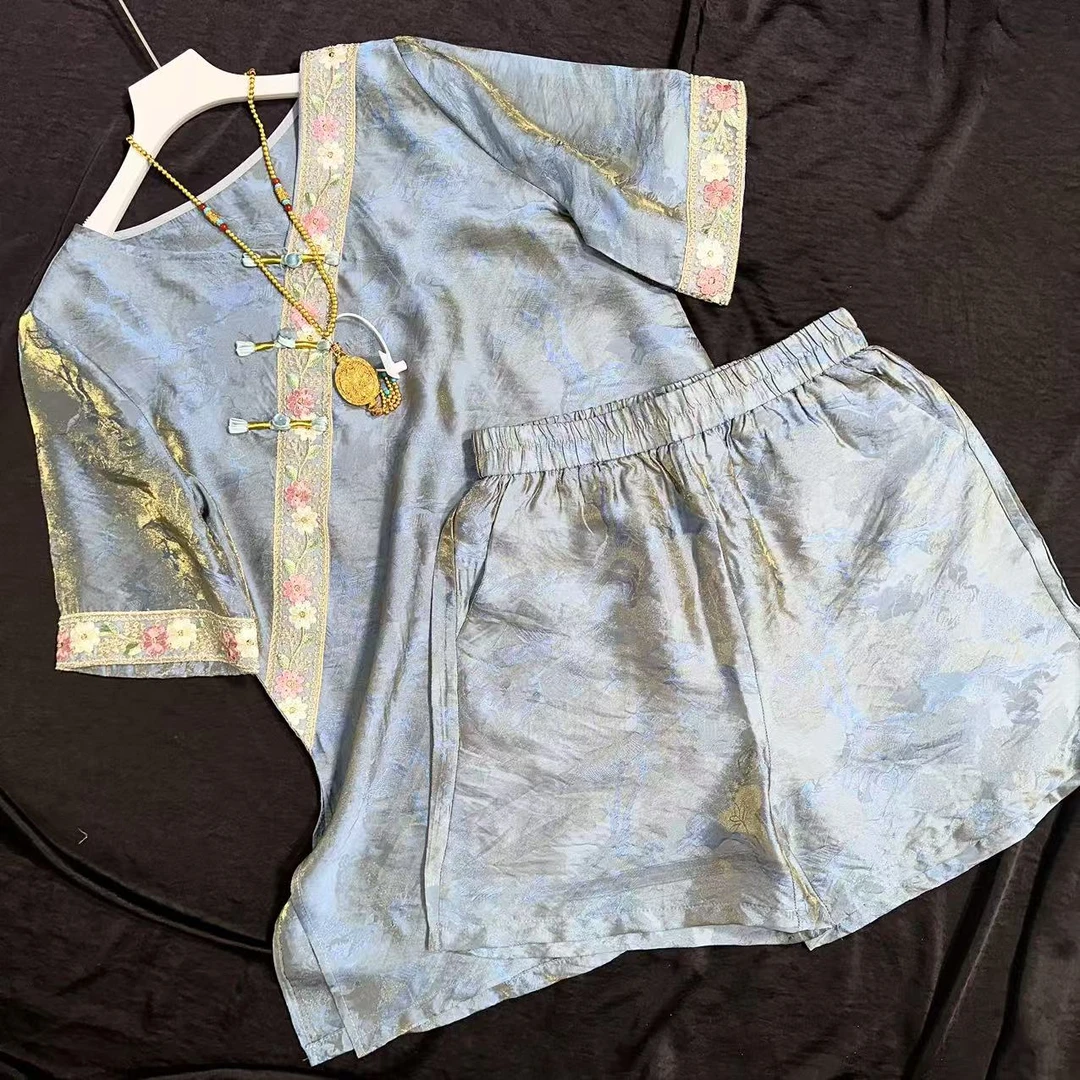 0311-常熟新中式夏季新款浮光锦短袖气质绣花女士套装