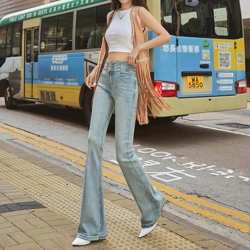 微喇裤女款爆款2025新款牛仔裤高腰修身显瘦显高三排扣喇叭裤长裤