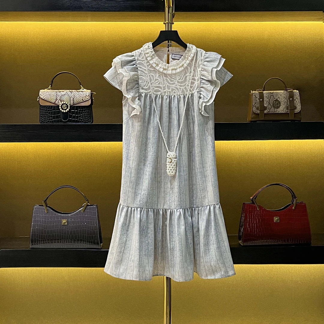 NIMðSHI【专柜飞】法式温柔浪漫风钉珠褶皱浅蓝色连衣裙 20712