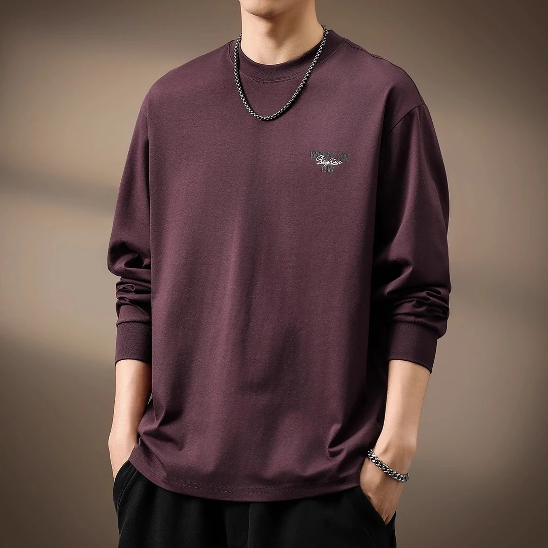 U&PURA高端美式印花紫色长袖T恤男春秋新款宽松体恤休闲打底衫