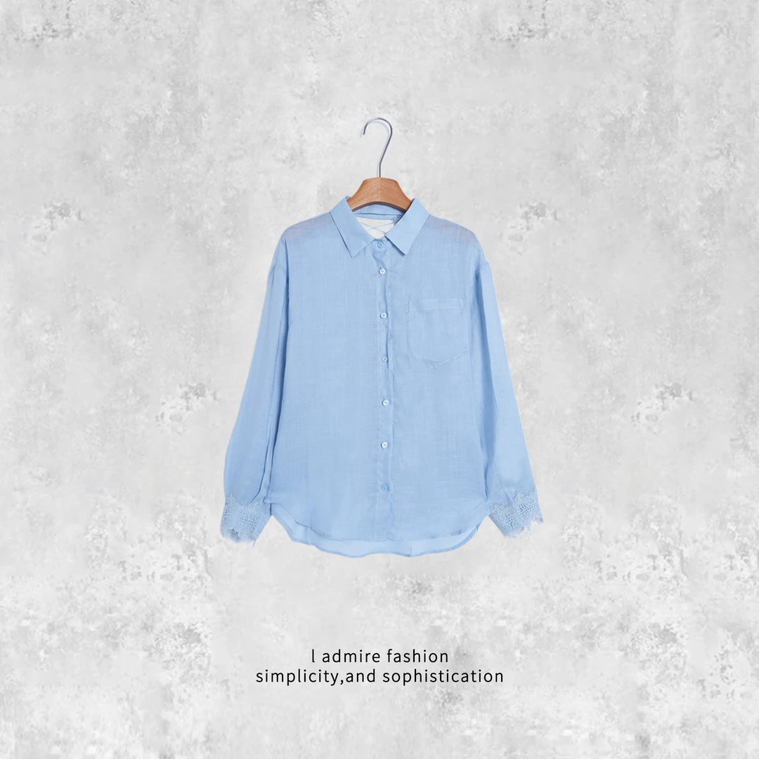 温温【织梦】苎麻衬衫夏季显瘦宽松时尚长袖蕾丝复古刺绣衬衣6068