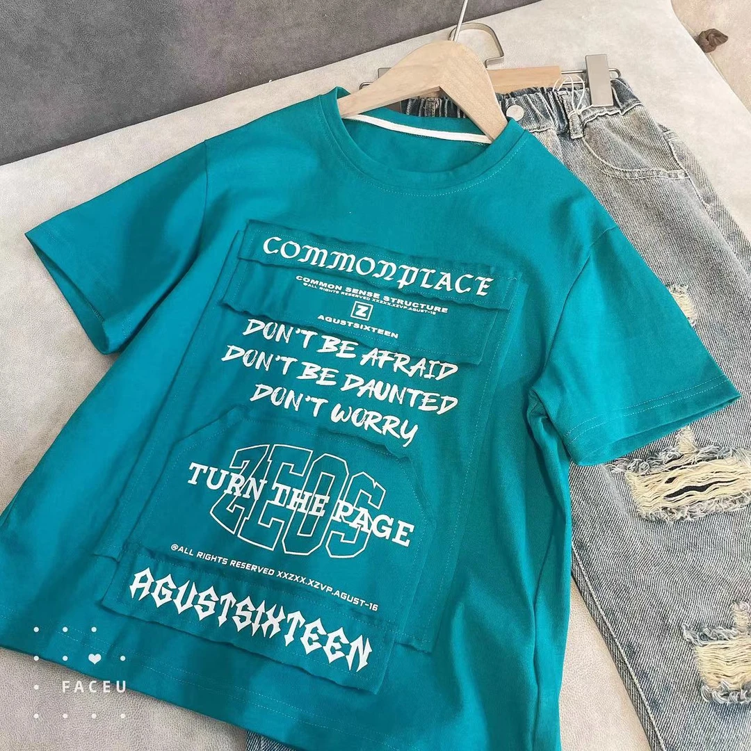 404129《现》定制韩版儿童休闲潮牌夏款洋气百搭短袖