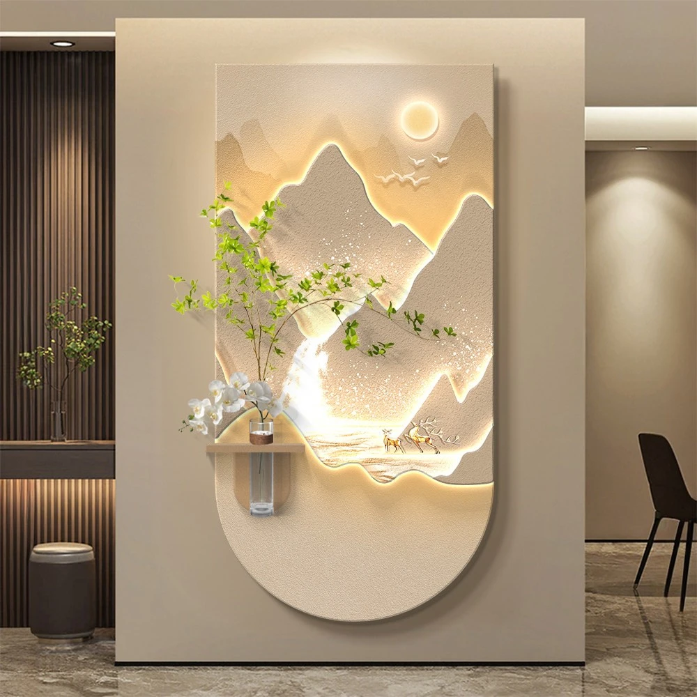 日照金山入户正对门玄关装饰画轻奢高级感立体挂画走廊过道壁画灯