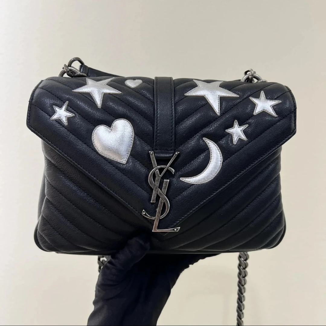 95新 YSL/圣罗兰 限量星月邮差包 黑色羊皮单肩包/57171 经典时尚