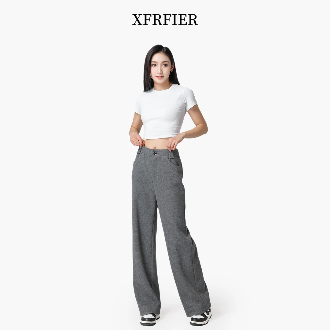 XFRFIER煊菲尔女装2025春季灰色醋酸绵羊毛窄版直筒裤中腰显瘦
