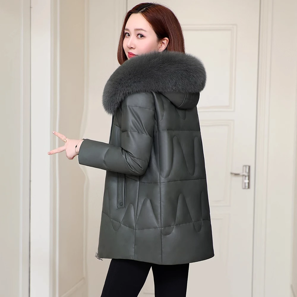 海宁真皮羽绒服女2025年冬季新款中长款绵羊皮皮衣妈妈装皮草外套