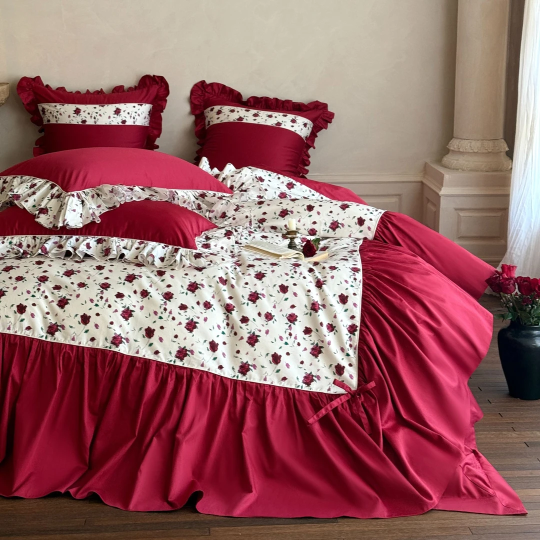 十七【花予禧棠】法式复古田园荷叶边韩版全棉贡缎长绒棉网红四件套