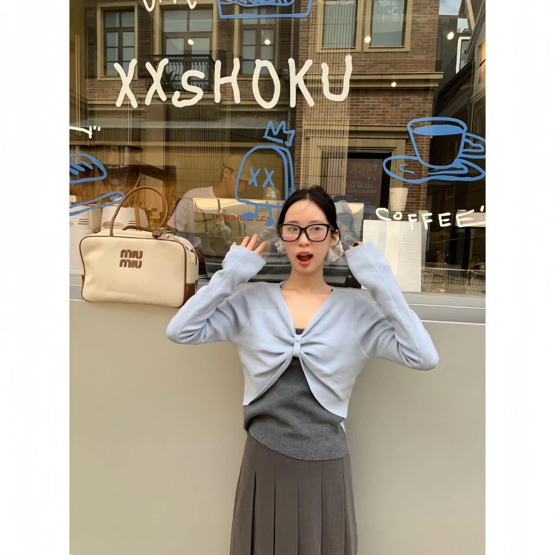 法式减龄蝴蝶结修身假两件针织衫女F2387