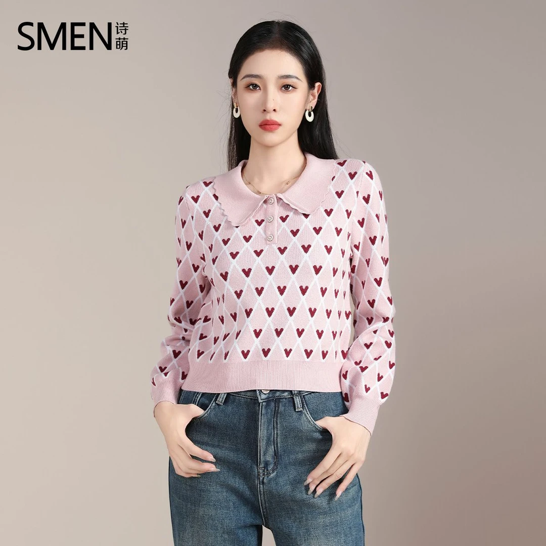 Smen诗萌娃娃领毛针织衫女格纹甜美毛衫秋季新款设计感小众上衣