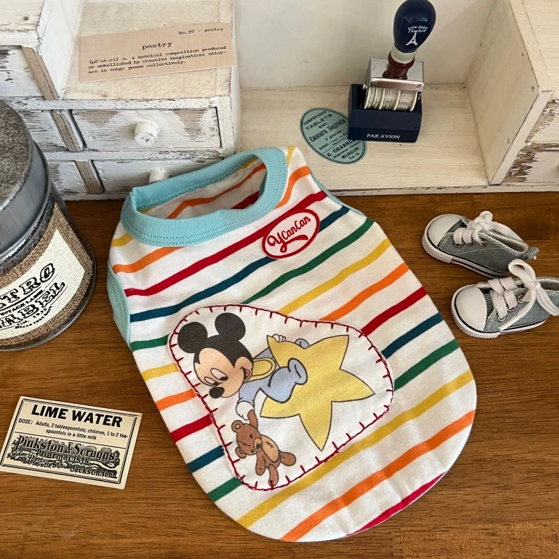 马尔济斯西施犬约克夏衣服彩虹条纹米奇宝宝背心夏可爱卡通条纹T