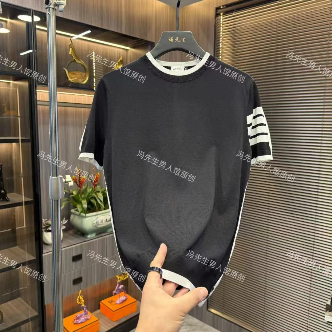 男士圆领修身冰丝半袖夏季潮流时尚T恤商务男人简约高品质短袖