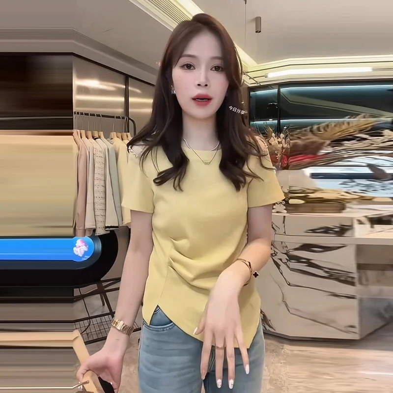 气质潮流简约纯色圆领短袖T恤女2025春夏季新款修身显瘦百搭上衣