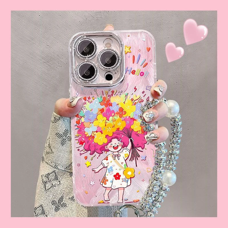 涂鸦女孩支架手链适用苹果16promax羽纱手机壳13可爱防摔15高级