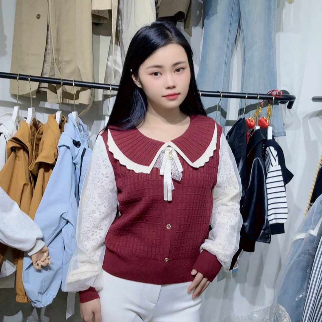 针织娃娃女蝴蝶结娃娃领毛针织衫假两件衬衫韩版甜美