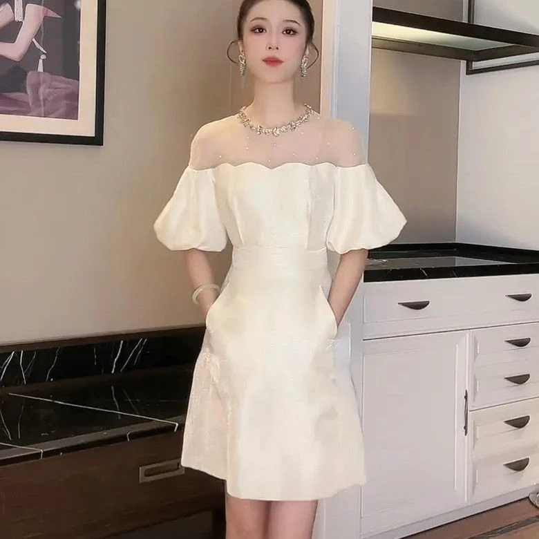 生日礼服裙2025女夏季新款女装重工镶钻泡泡袖收腰气质A字连衣裙