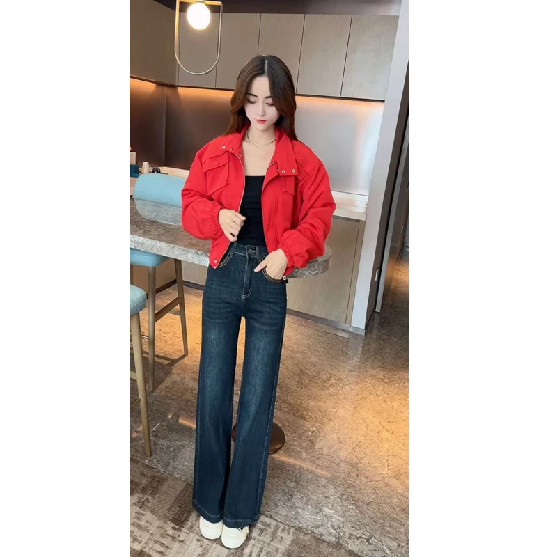 名媛风气质洋气立领收腰夹克短款外套女显瘦中长款牛仔裤长裤潮