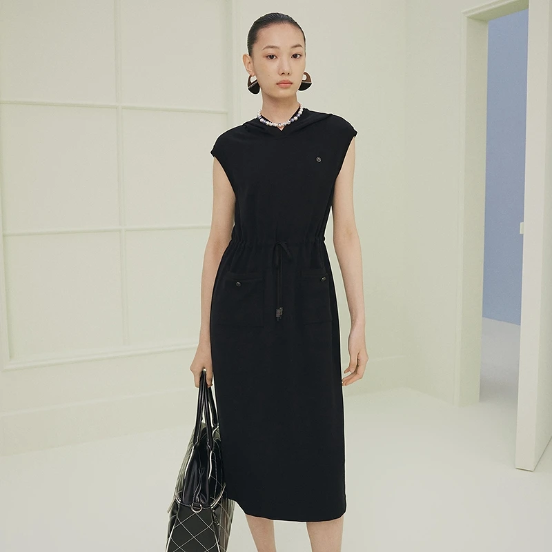 FS时尚休闲连帽抽绳收腰无袖连衣裙女25夏新款4560A