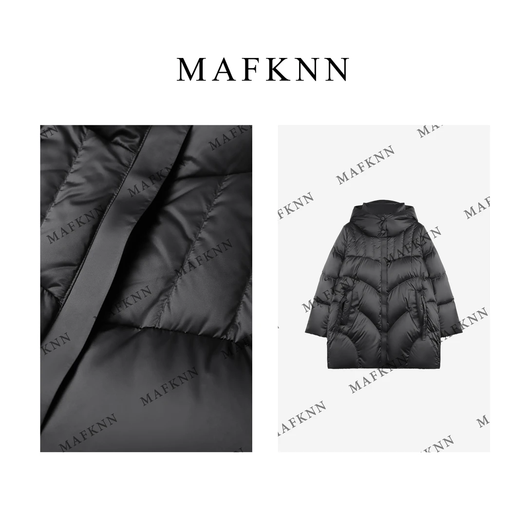 MAFKNN/玛肯时尚休闲简约纯色百搭中长款带帽羽绒服MK11582