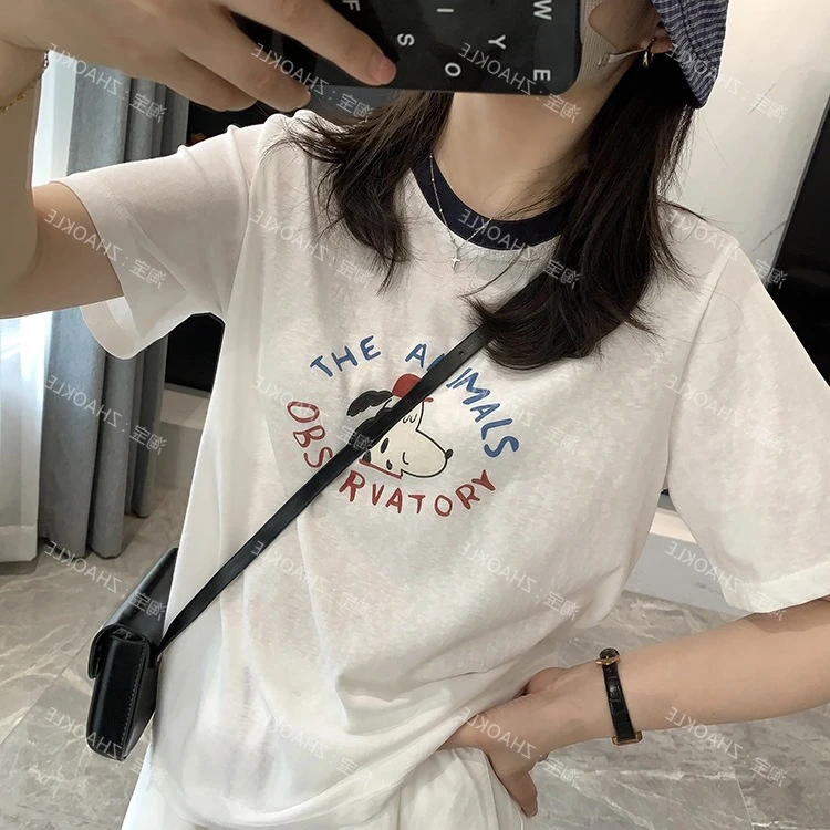 撞色领薄款雪花棉系列印花宽松圆领2025夏季T恤女上衣新款韩版