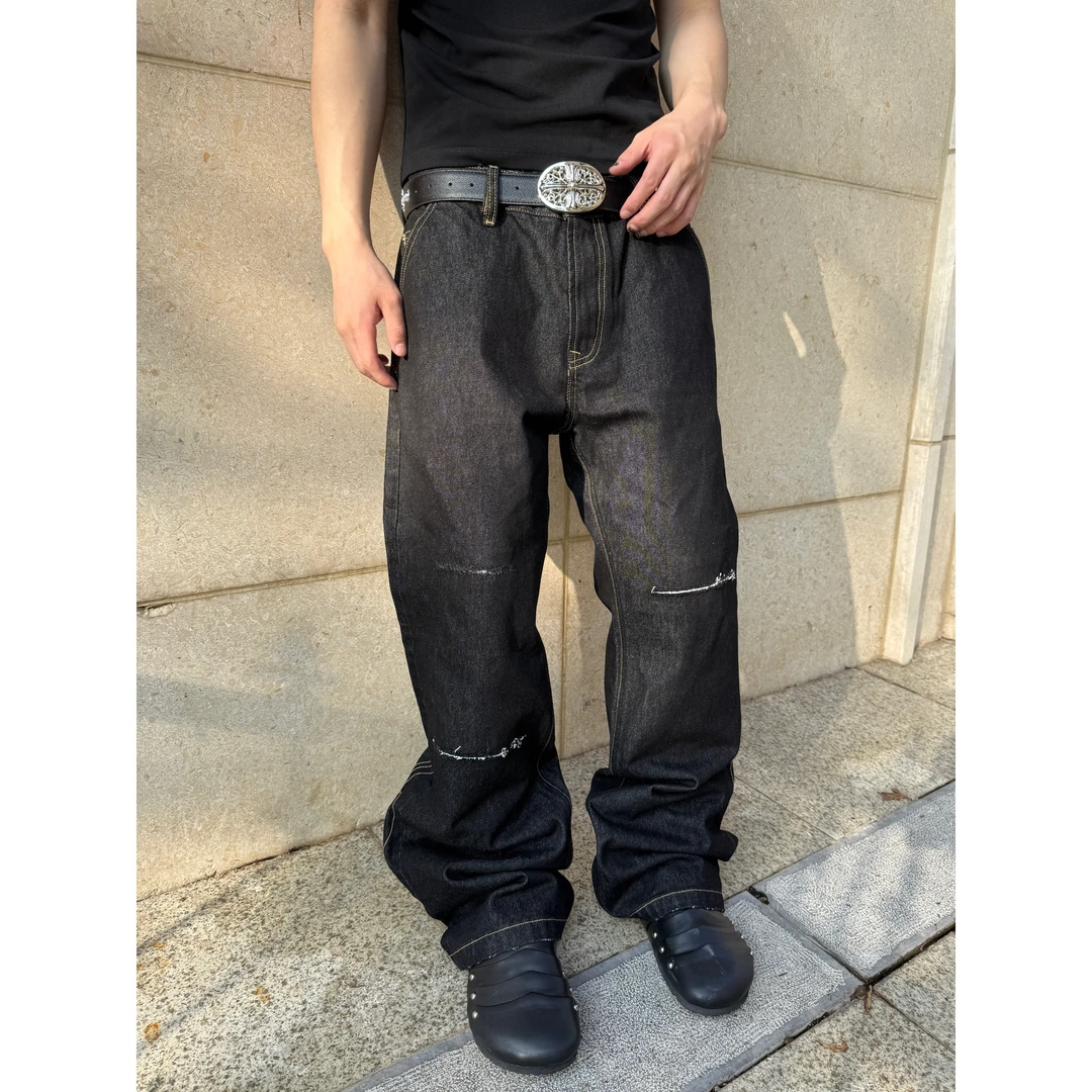 Aew金线立体刺绣14oz赤耳丹宁原牛手工破坏直筒百搭宽松牛仔裤