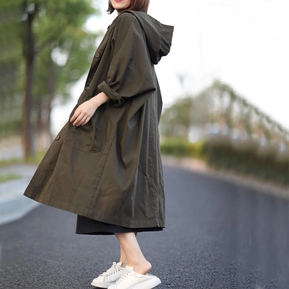 韩版宽松中长款纯棉减龄连帽长袖风衣秋季新款休闲复古设计感外套