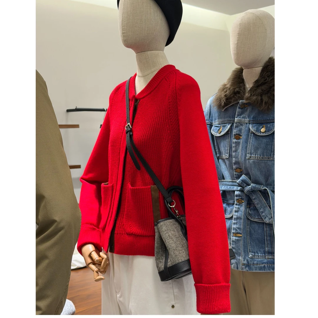 圆领撞色贴袋针织开衫