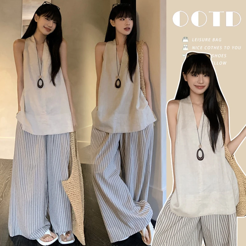 时髦孕妇套装夏宽松法式高级感背心宽松阔腿裤休闲条纹孕妇两件套